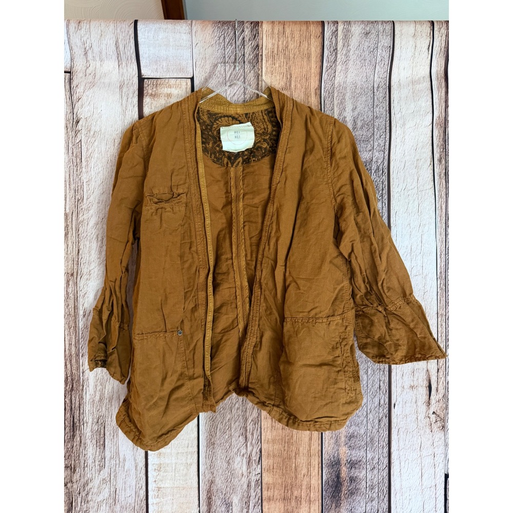 Hei Hei Anthropologie Linen Blend Boho Open Front Jacket Brown Boho Fall Small